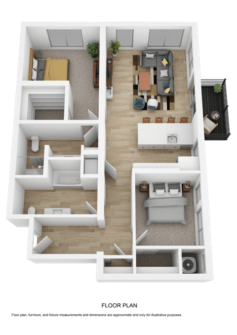 A 3D floor plan of a house with a living room, kitchen, dining room, and two bedrooms.